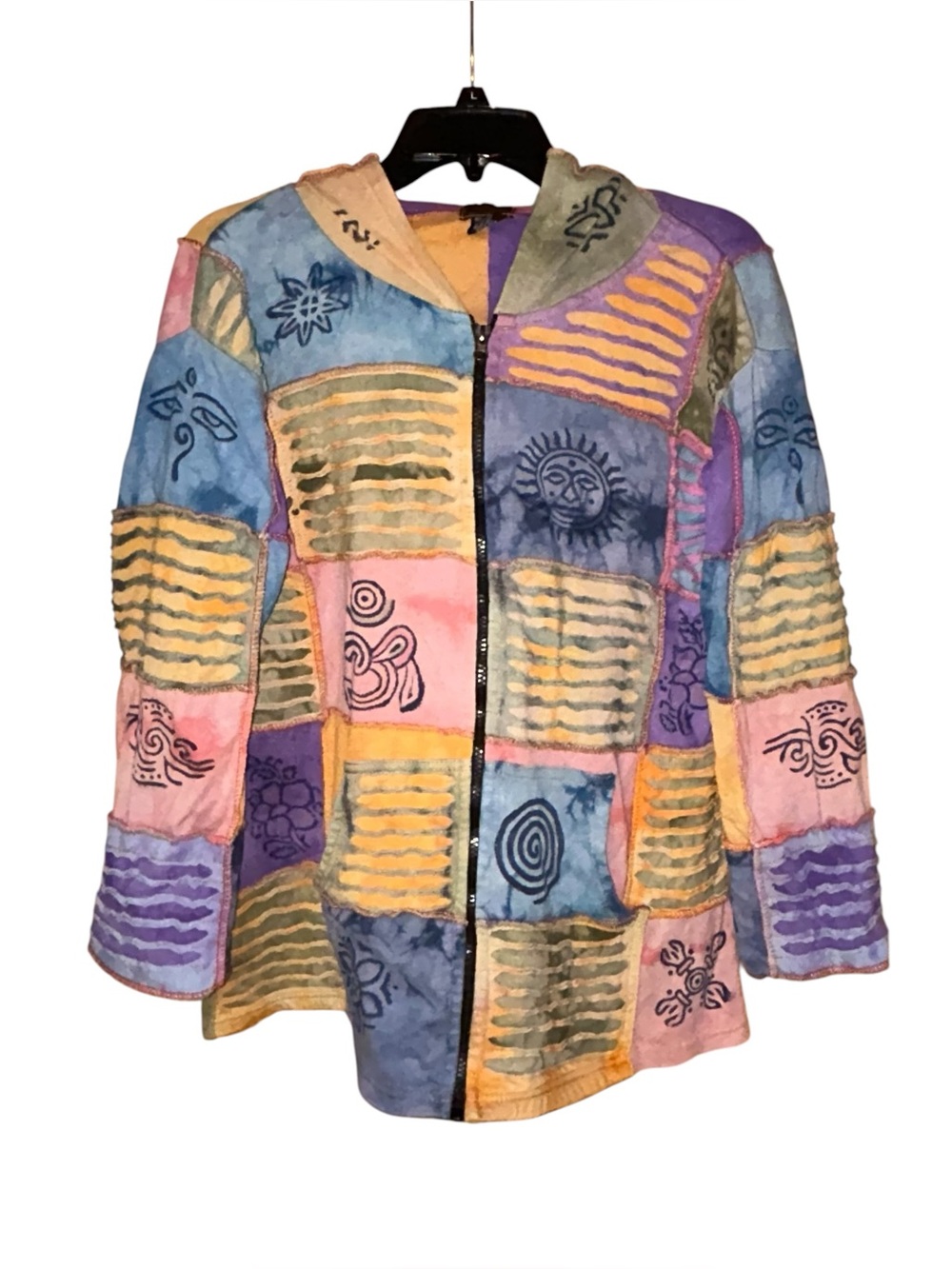 Rising International Patchwork Hoodie Jacket XL Boho Tie Dye Festival Art Cotton